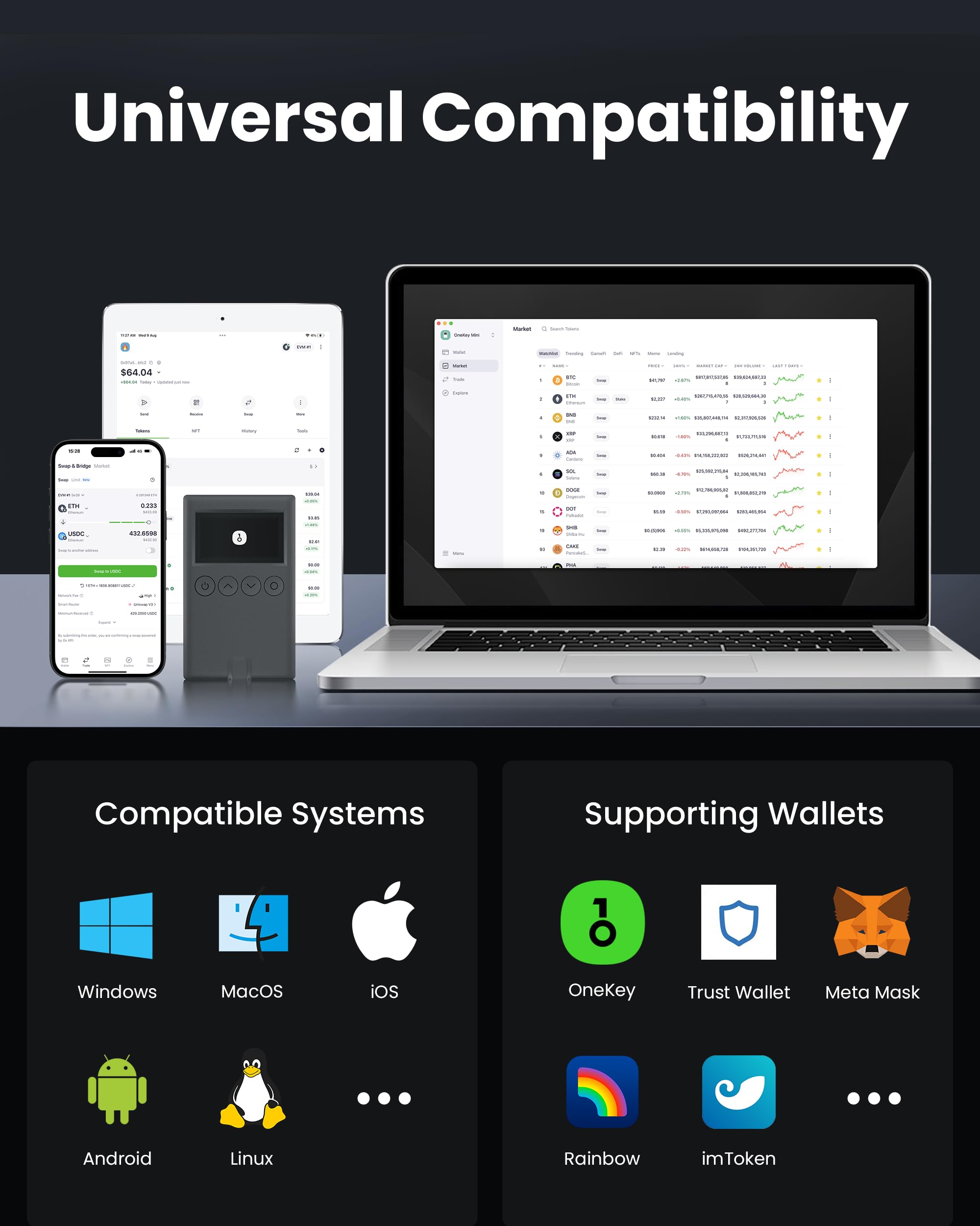 OneKey Classic 1S - Hardware Crypto Wallet Cold Wallet - Bluetooth & NFT Support - EAL 6+ Top Security Cold Storage, Easily Manage Your Bitcoin, ETH, SOL, Doge, BNB, TRON, BCH, Kaspa