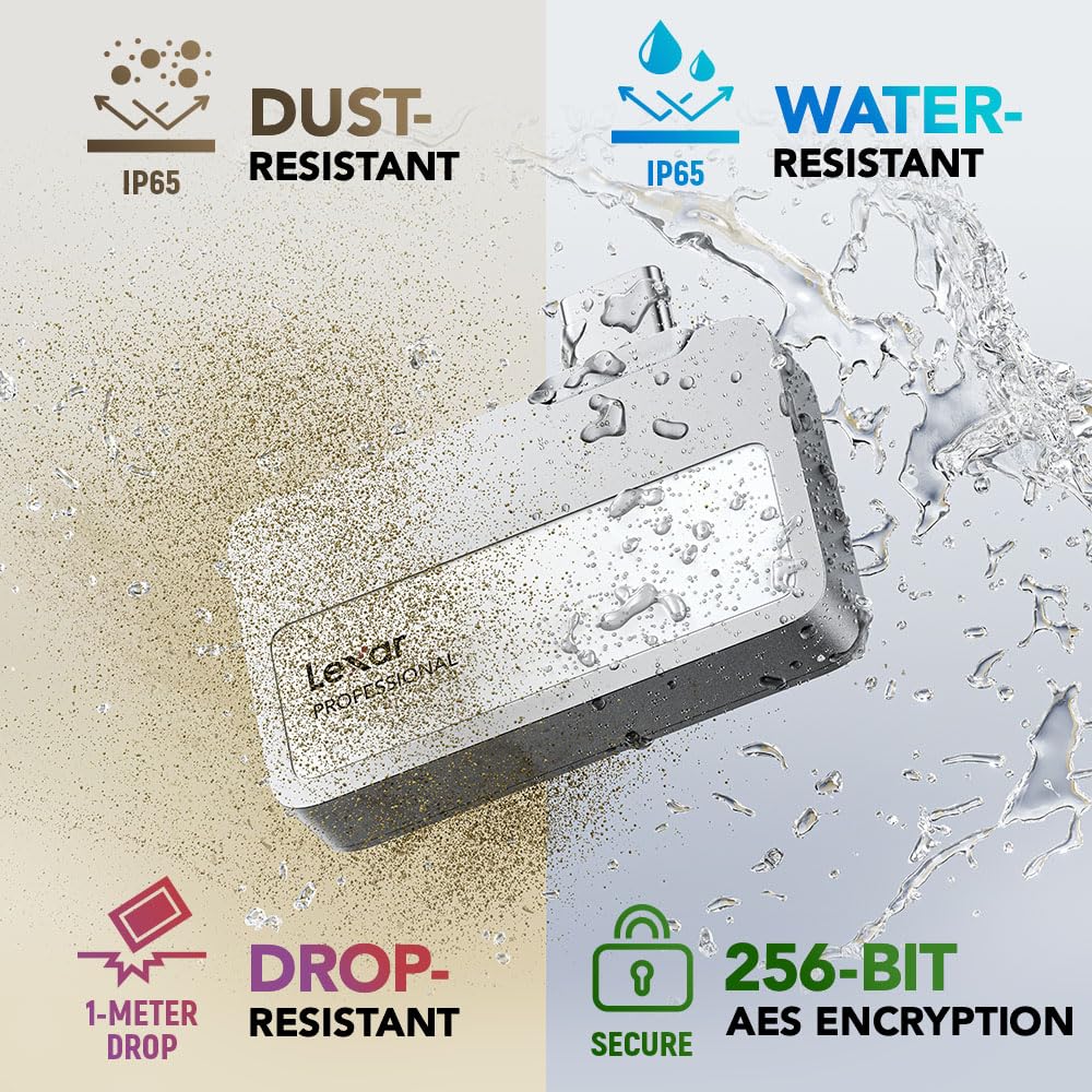 Lexar 2TB Professional Go Portable SSD, Supports Apple 4K 60fps ProRes, Up to 1050MB/s, USB 3.2 Gen 2, Rugged, IP65, Ultracompact, Compatible w/iPhone 15/16, External SSD (LSL400X002T-RNSNU)