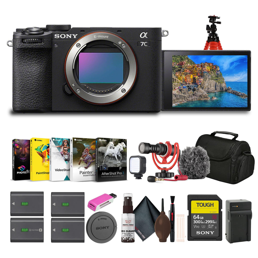 Sony Alpha 7C II Mirrorless Full-Frame Interchangeable Lens Camera (ILCE-7CM2/B) + 64GB SF-G Tough Card + Bag + 3 x NP-FZ100 Compatible Battery + Photo Software + External Charger + More